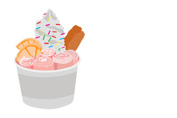 Fried popsicles in strawberry flavored cups with orange fruit slices, biscuits sticks in white background.
