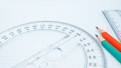 High Angle View Of Pencil With Graph Paper And Ruler with copy space