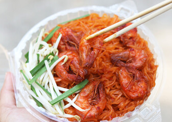 Fried noodle with sweet shrimp in Chanthaburi province style (Pad Thai in Thai language). One of the popular and delicious dishes in street foods of Thailand. 