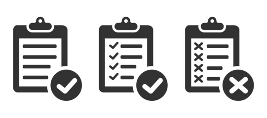 Clipboard checklist or document. Vector isolated icons or signs. Clipboard with checkmark cross and text. Clipboard concept vector. Checklist document. Clipboard icon vector.