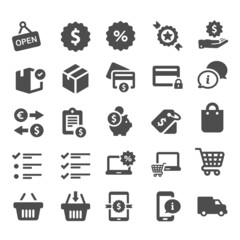Shopping icons, set shop sign e-commerce for web development apps and websites
