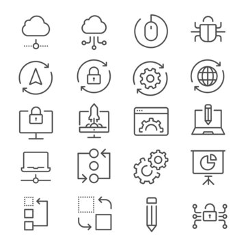 Developer icon set. Included the icons as code, programmer coding, mobile app, api, node connect, flow, logic, web coder, bug fix and more