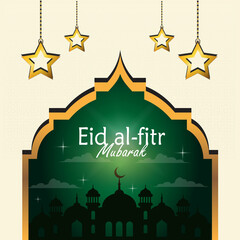 Happy Eid Al Fitr elegant poster with Mosque and starts illustration in white Background premium vector
