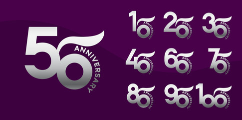 Set of Anniversary logotype silver color with purple background for celebration