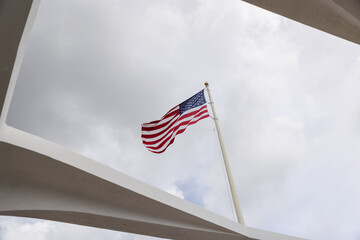 United States flag waving against an overcast sky