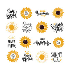 Summer quotes with sunflower vector illustration. Hand drawn saying isolated on white background. Summer flower clipart for t shirt print, sticker, banner.