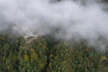 Zilkale Castle in the Fog Drone Photo, Kackar Mountains Camlihemsin, Rize Turkey