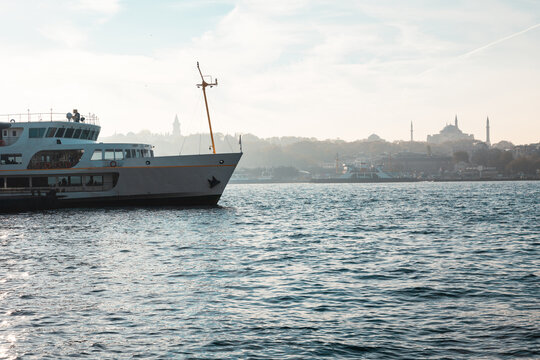 Istanbul view. Ferry and cityscape of Istanbul at foggy weather