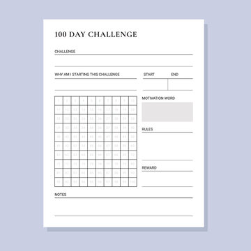 100 day challenge planner sheets daily tracker with motivation word and goals. simple and clean minimalist planner printable
