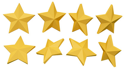 Eight stars in multiple directions on a white background, 3d rendering.