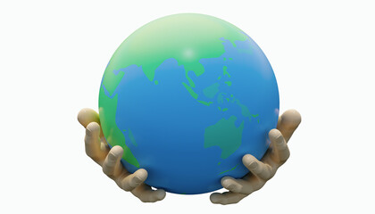 The human hand holds the earth over a white background, 3d rendering.