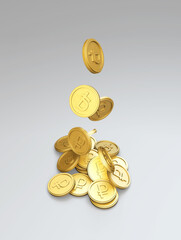 3D illustration of a falling Russian currency ruble coin with a white background