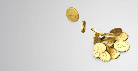 3D illustration of a falling Russian currency ruble coin with a white background and text space