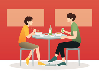 Vector illustration of Korean couple eating ramyeon noodles and kimchi at pojangmacha