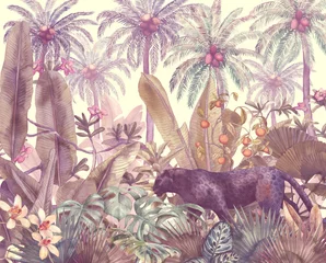  Tropical illustration with black panther in the jungle painted in watercolor. Background with tropical leaves and wild cat. Landscape with palm trees © Арина Трапезникова