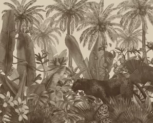  Tropical illustration with black panther in the jungle painted in watercolor. Background with tropical leaves and wild cat. Landscape with palm trees © Арина Трапезникова