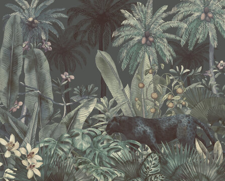 Tropical illustration with black panther in the jungle painted in watercolor. Background with tropical leaves and wild cat. Landscape with palm trees