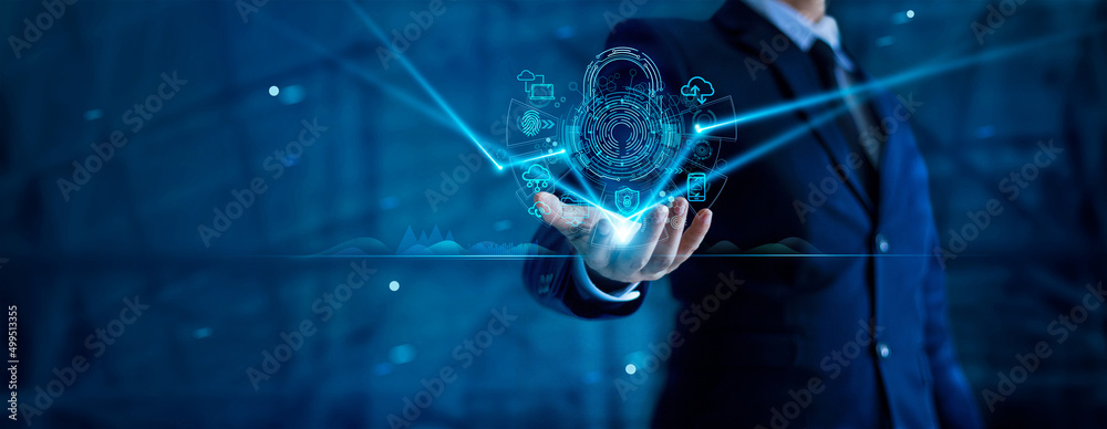 Fototapete Cyber security network. Internet network security. Padlock icon and internet technology. Businessman protecting data personal information on  virtual interface. Data protection privacy concept.