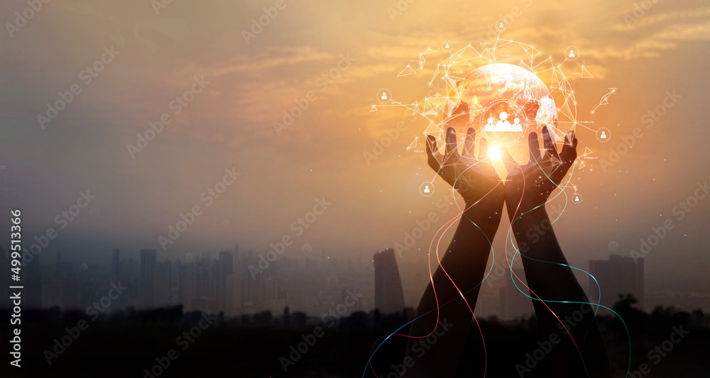 Poster Businessman hold earth of global structure networking and data exchanges customer connection, Customer relationship, market research, Customer analysis on social network, communication and technology