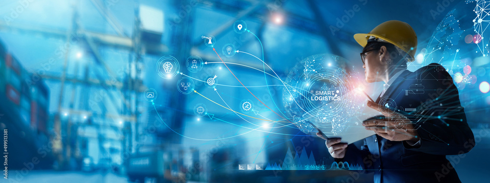 Leinwandbilder Manager worker using tablet on logistic network distribution and tracking delivery on smart transportation networking intelligent logistics of container cargo, Logistic import export and industry