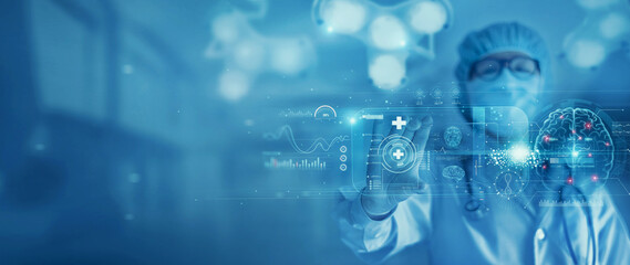 Doctor analysis and checking brain testing result of science and medicine laboratory diagnostics with virtual computer interface, .Innovative technology science and medicine concept, blue tone