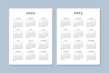 Monthly Calendar 2022 2023. Simple, clean and minimalist layout design template. wall and desk calendar start on sunday