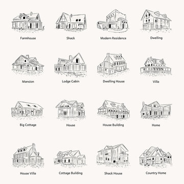 Collection of Residential Buildings Hand Drawn Illustrations 