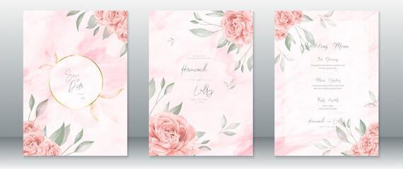 Watercolor wedding invitation card template elegant of pink background with rose bouquet and gold - obrazy, fototapety, plakaty