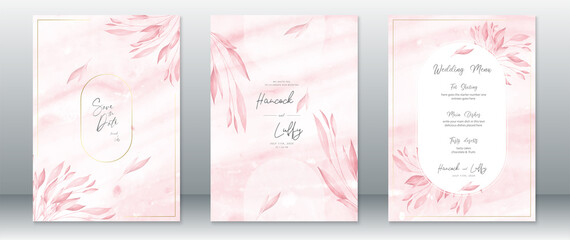 Watercolor wedding invitation card template elegant of pink background with autumn leaf and gold frame