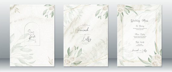 Fototapeta na wymiar Green wedding invitation card template elegant of watercolor background with leaf and gold line