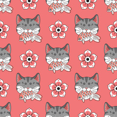 JAPANESE STYLE GREY CAT IS BITING A KOI FISH WITH FLOWERS IN RED BACKGROUND SEAMLESS PATTERN.