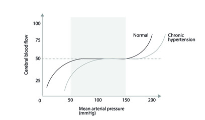 Cerebral autoregulation curve. Cerebral blood flow versus mean arterial pressure. Normal and chronic hypertension curve 
