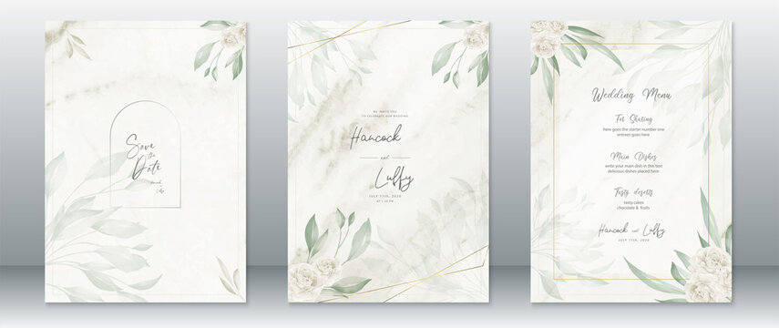 Green wedding invitation card template elegant of watercolor background with leaf and gold line