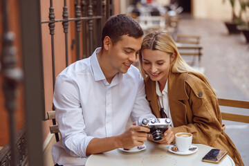 Woman and male resting after walk outside