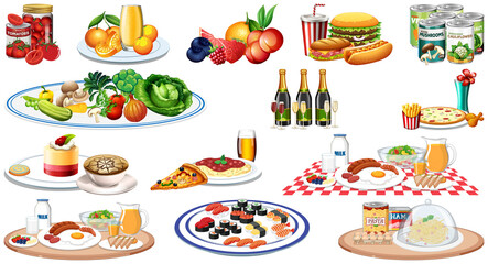 Set of different foods and beverages