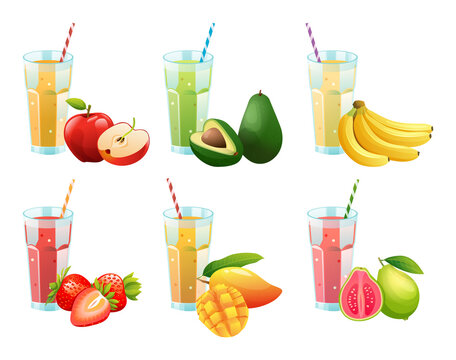 Set of various fresh fruit juices cartoon illustration