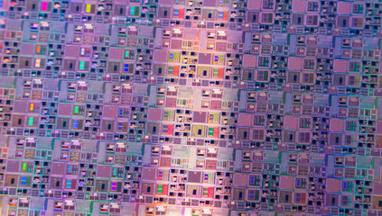Silicon wafer semiconductor with neon color, integrated circuits to manufacture CPU and GPU