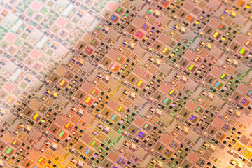 Naklejka premium Silicon wafer semiconductor with neon color, integrated circuits to manufacture CPU and GPU