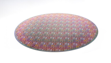 Silicon wafer with chips isolated on white background