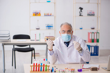 Old male chemist in drug synthesis concept