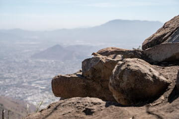 Chincol Rufous-collared sparrow looking down and perched on a rock on a mountain top