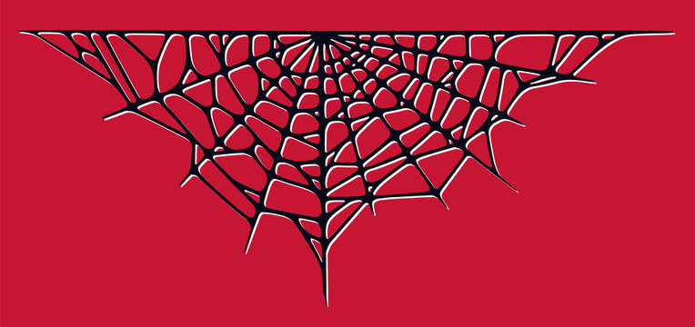 Spider web isolated on red background. Spooky Halloween cobwebs with red threads. Outline vector illustration