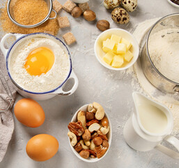 Cooking ingredients on light background.