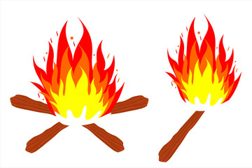 Bonfire. Burnt wood. Great flame illustration set
