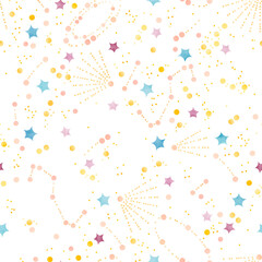 Magic cosmos starry sky. Watercolor hand drawn space seamless pattern with illustration of gold stars, comets, meteors, constellations. Universe childish elements isolated on white background