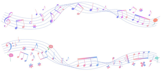 春をイメージした楽譜のフレームイラスト　　五線譜　背景イラスト　音符、休符、楽譜記号のイラスト