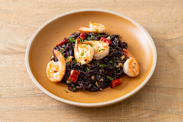 stir-fried black spaghetti with garlic and shrimps