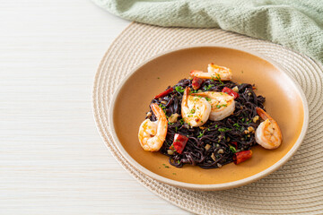 stir-fried black spaghetti with garlic and shrimps