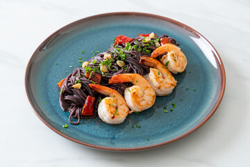 stir-fried black spaghetti with garlic and shrimps