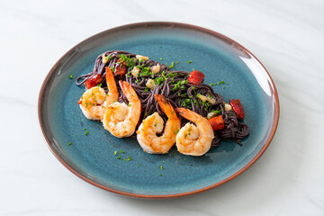 stir-fried black spaghetti with garlic and shrimps